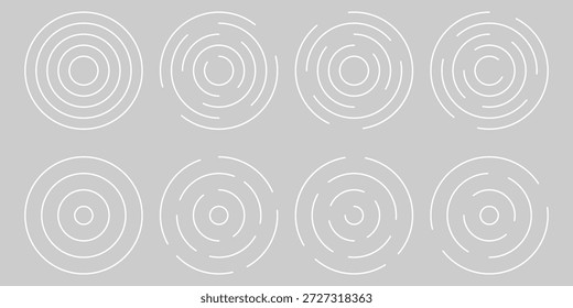 konzentrische Rippelkreise. Sonar- oder Schallwellenringsammlung. Epizentrum, Ziel, Radarsymbol-Konzept. Radiale Signal- oder Vibrationselemente. Minimale Radiallinien mit optischer Täuschung.