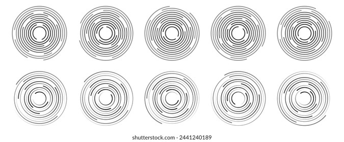 Concentric ripple circles vector set. Radial signal, sonar wave, soundwave icons