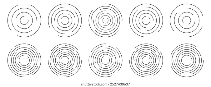 Conjunto de vetores de círculos ondulados concêntricos. Sinal radial, onda sonar, ícones de onda sonora