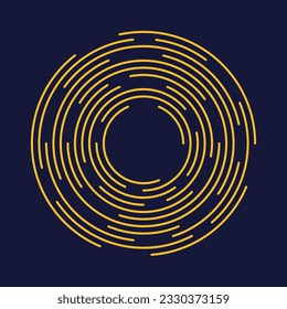 Concentric segments of circles. Lines following a circle path. Design element. Abstract geometric yellow shapes isolated on blue background. Vector illustration.