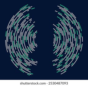 Concentric segments of dotted circles. Lines following a circle path. Design element. Abstract geometric white and turquoise dotted curves isolated on blue background. Vector illustration.