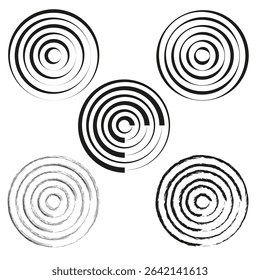 Concentric spiral circles. Abstract round shapes. Hypnotic swirling pattern. Vector line art.