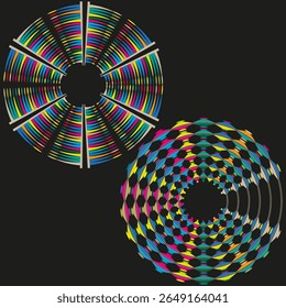 Concentric spiral discs. Abstract optical illusion. Rotating circular elements. Vector motion graphic.