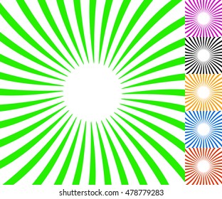 Concentric spirally lines. Circular, twisted sunburst, sunburst pattern. Set of 6 colors.