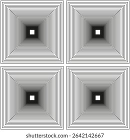 Concentric square illusion. Black white tunnel. Geometric hypnotic design. Vector abstract pattern.