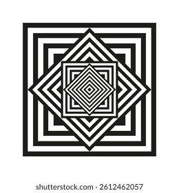 Concentric square illusion. Diamond contour shape. Optical depth pattern. Vector line structure.