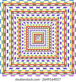 Concentric square illusion. Rainbow stripe pattern. Tunnel depth vector. Geometric optical art.