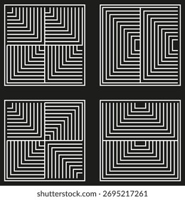 Padrão quadrado concêntrico. Quatro labirintos geométricos. Forma de labirinto abstrato. Fundo escuro do vetor. EPS 10.