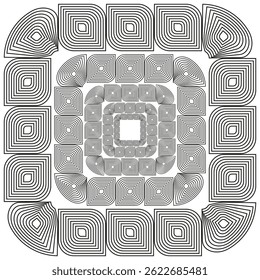 Concentric square tiles. Layered optical pattern. Vector perspective illusion. Black outlined maze.