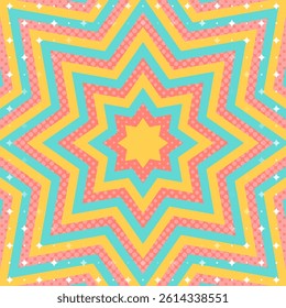Concentric Star Shape and Halftone Dots, Sparkle Pattern Background, Eight-pointed Star, Pop Design, Decorative Radiating Shape, Square Size