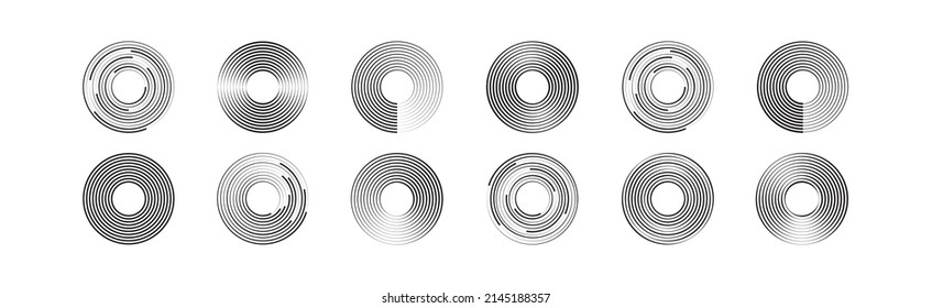 Concentric vector circle, circular line icon, radial spiral element, black random ring set solated on white bckground. Geometric simple illustration
