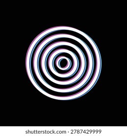 Concentric white circles on a black background displaying a vibrant chromatic aberration effect, creating a modern visual art illustration with a digital glitch aesthetic