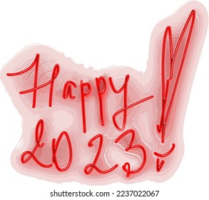 Concentrically glowing vector inscription "Happy 2023!" with a heart or bunny ears. Sketchy handwritten style.