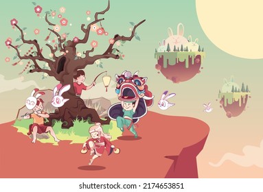 Concep children playing with rabbit, and enjoy full moon