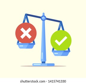 Concep of weight scales weighing red cross and green check mark. Yes and no, choice, decision and uncertainty concept. Flat design. Flat vector illustration, no transparency, no gradients