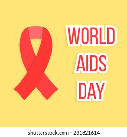 concept of 1 Dec world AIDS day with red ribbon. isolated on yellow background. conceptual global health problem, awareness serious illness and helping sick people. modern vector illustration
