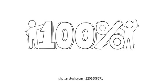 Concept of 100 percent of sale, success, discount, quality or price. Red numbers of one hundred percentage and cute doodle people. Vector hand drawn promotion or infographic label