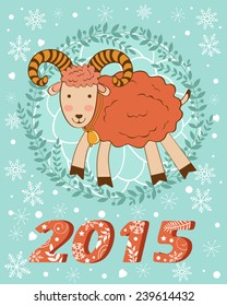 Concept 2015 new years card with cute goat. Vector illustration