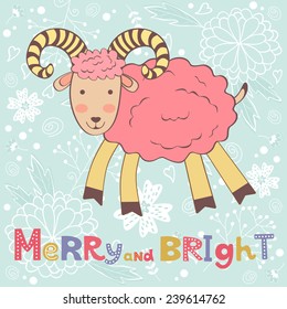 Concept 2015 new years card with cute goat. vector illustration