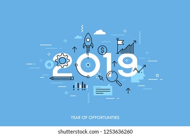 Concept 2019 year of opportunities. New trends and prospects in startups, business development, profit growth strategies. Plans and expectations. Vector illustration in thin line style.