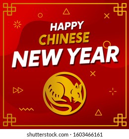 Concept of 2020 Happy Chinese New Year with Gradient Red Background and Gold Color, Gold Chinese Frame, The Year of Rat Vector Template for Poster, Brochure, Flyer, Card