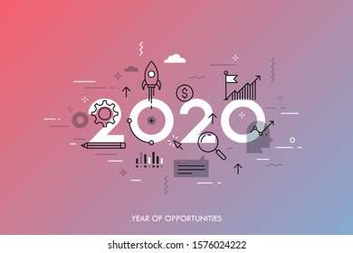 Concept 2020 year of opportunities. New trends and prospects in startups, business development, profit growth strategies. Plans and expectations. Vector illustration in thin line style.