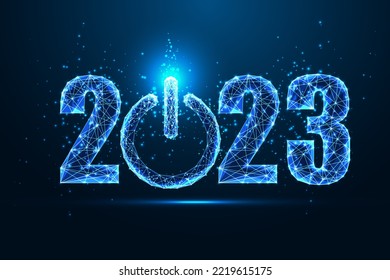 Concepto del inicio de Año Nuevo 2023, proyecto de negocio con 2023 dígitos y botón de encendido futurista en estilo poligonal bajo y brillante de fondo azul oscuro. Ilustración vectorial de diseño abstracto moderna