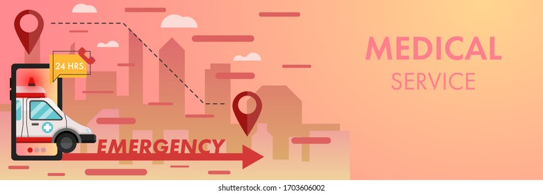 Concept 24 hours medical service vector illustration. Emergency ambulance run on red arrow through smartphone with city background.