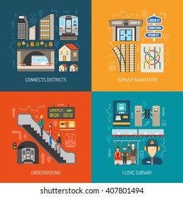 Concept of 2x2 images underground connects districts subway navigation and i love subway flat vector illustration