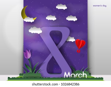 The concept of 3D greeting card with international women's day on 8 March. Purple background with stars, moon, balloon, grass and tulips cut out of paper. Paper art craft style