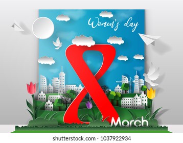The concept of 3D greeting card with international women's day on 8 March. City background with trees, buildings, balloon, grass and tulips cut out of paper. Paper art craft style