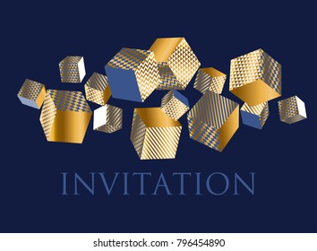 Concept 3d illusion geometric cubes composition for surface design and web. Vector abstract illustration with geometric shapes in gold, white and deep blue colors.