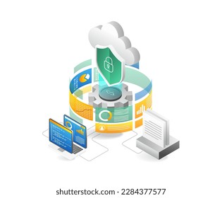 Concepto 3d ilustración isométrica de la pantalla de análisis de extremos de seguridad del servidor en la nube