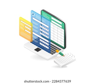 Concept 3d isometric illustration of computer registration table application