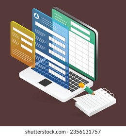 Concept 3d isometric illustration of computer registration table application