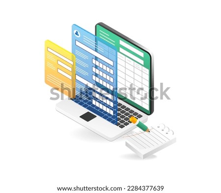 Concept 3d isometric illustration of computer registration table application