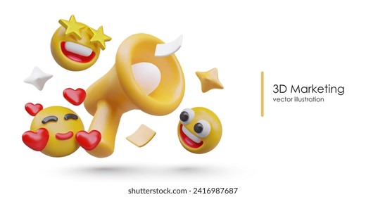 Concept of 3d marketing. Poster with emoticon with stars eyes, face with smile and flying hearts. Advertising concept. Vector illustration in 3d style with place for text and white background