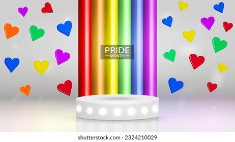 El concepto en 3d del mes del Orgullo. Un podio blanco con columnas brillantes en el color de la bandera LGBT. Un banner web con una plataforma con fondo de color arcoiris y corazones coloridos.