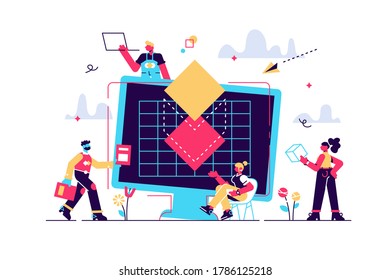 Concept of 3D printing, projecting, students, workers, engineering, team work, for web page, banner, presentation, social media, documents, cards, posters. desktop computer with digital 3D model