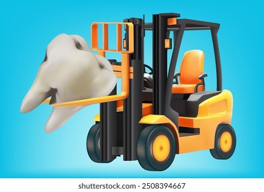 Concept 3D Realistic forklift Extraction Vector Illustration Teeth Treatment and Dental Care Concept. Mesh gradient wes