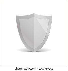 Concept 3d shield, protected guard. Presentation shining sticker shield. Defense safeguard sign. Isolated on white. Vector illustration. Eps 10