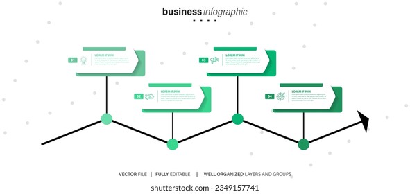 Concepto de 4 etapas sucesivas de desarrollo progresivo de las empresas. Plantilla sencilla de diseño infográfico. Ilustración del vector abstracto.
