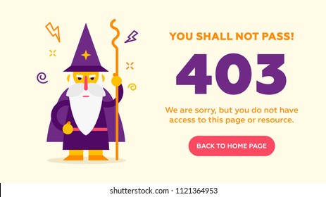 The concept of 403 forbidden access to  web page with cute kind wizard.  Flat design illustration. Very good idea. Perfect for sites pop ups. Vector. Flat. svg