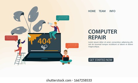 Concept, 404 error page design, laptop screen with error, Small people men and women repairing a website with a problem, and chatting, Fashionable flat style, Vector illustration