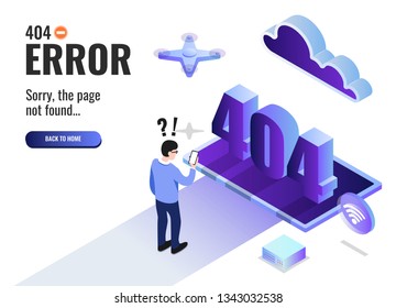 Concept 404 error page or file not found. Web banner, infographics. Isometric vector illustration.