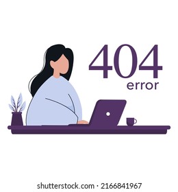 página de error de concepto 404. mujer de estilo caricatura plana con portátil. Ilustración aislada del vector 