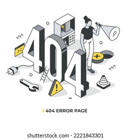 Concept 404 error. Page not found or unavailable. Woman with flashlight trying to find way out. Computing and system maintenance. Isometric vector illustration with isolated objects for web page