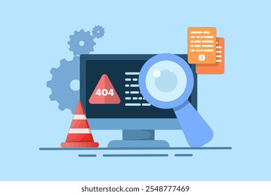 Concept of 404 error, page not found, security service warning message. Studying question mark inside text 404 with magnifying glass, examining the cause of web page crash. Vector illustration.