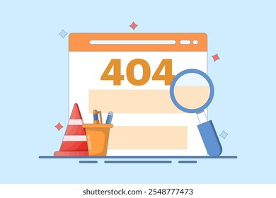 Concept of 404 error, page not found, security service warning message. Studying question mark inside text 404 with magnifying glass, examining the cause of web page crash. Vector illustration.