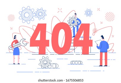 Concept 404 Error Page. People are trying to fix it. Business Concept Vector Illustration.